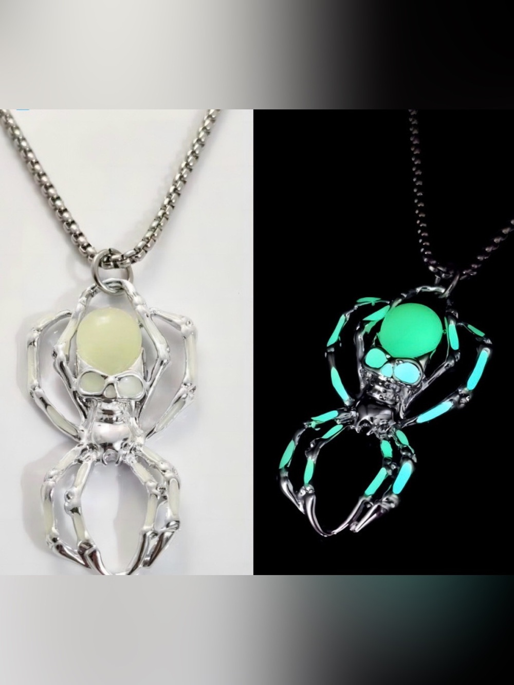 Silver Tone Green Glow in Dark Skull Spider Widow Pendant Necklace W/24” Chain